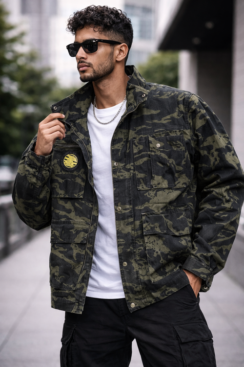 Men’s Camouflage Utility Jacket – Military Style Multi-Pocket Cotton Jacket