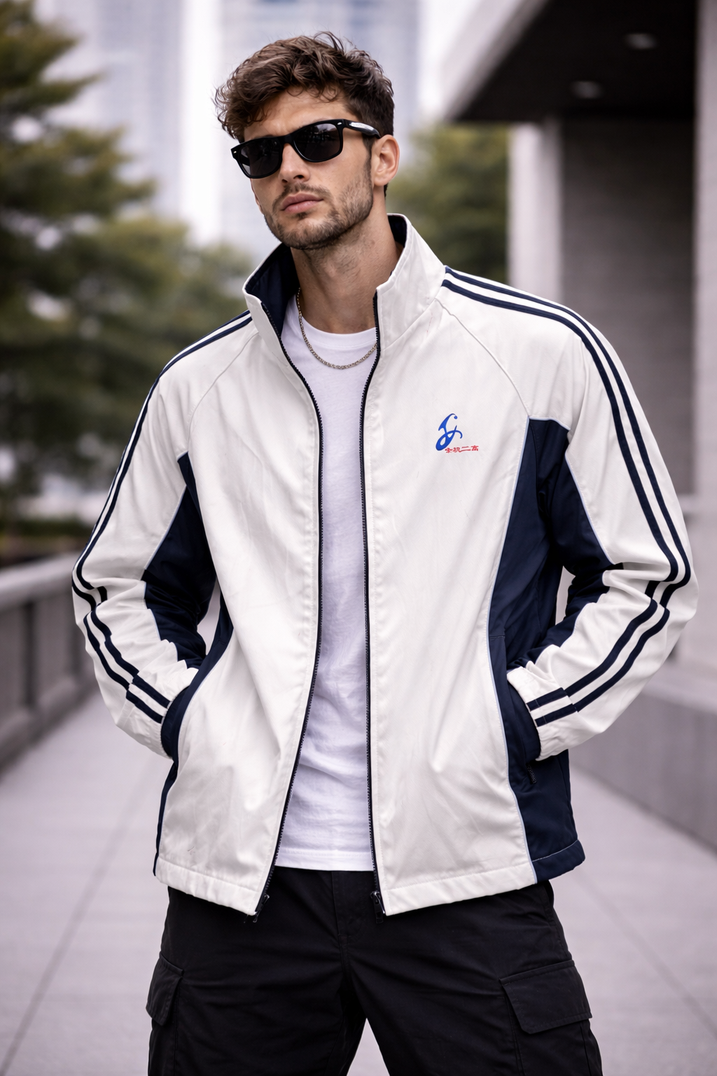 Men’s Sports Style Zipper Jacket – White & Navy Blue
