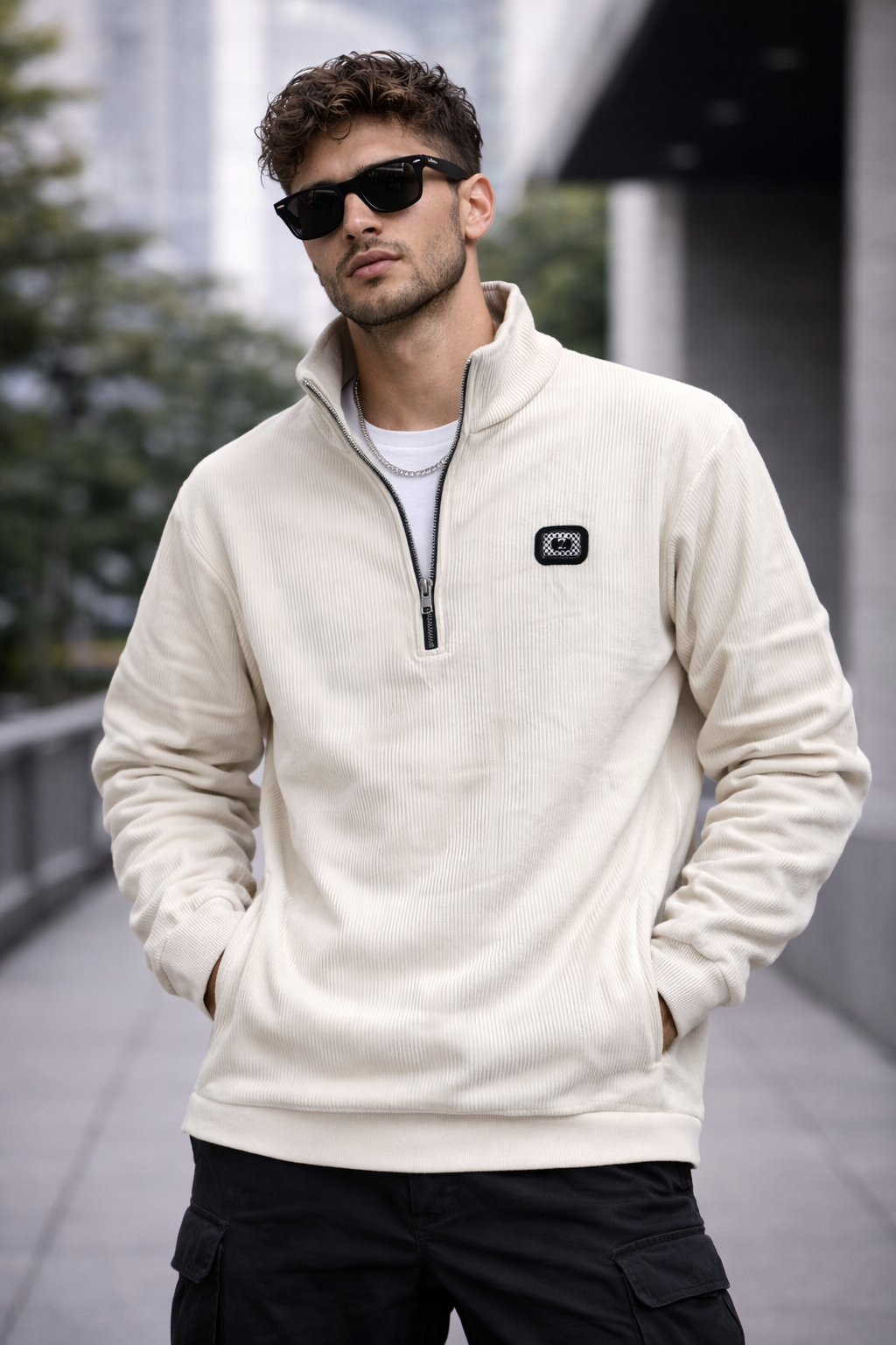 Men’s Ribbed Half-Zip Sweatshirt – Cream White
