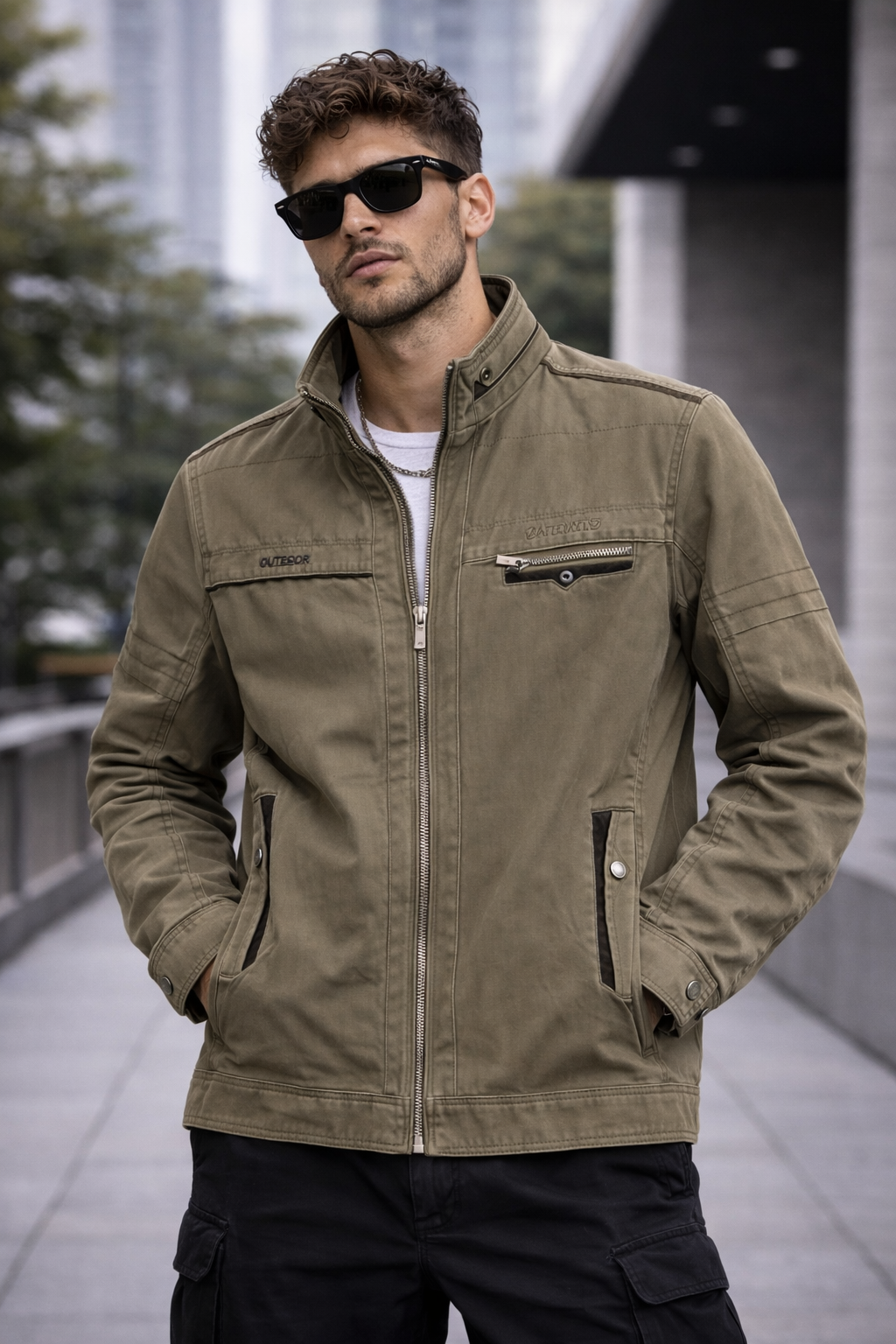 Men’s Thrift Olive Green Utility Zipper Jacket – Casual Streetwear Style